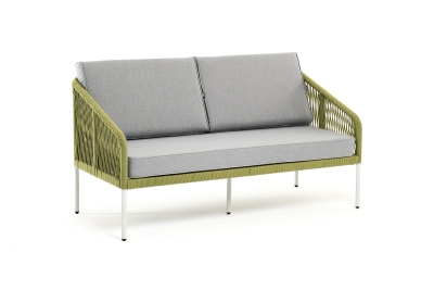 "Канны" диван 2-местный плетеный из роупа, каркас алюминий светло-серый (RAL7035) муар, роуп салатовый меланж круглый, ткань светло-серая "Канны" диван 2-местный плетеный из роупа, каркас алюминий светло-серый (RAL7035) муар, роуп салатовый меланж круглый, ткань светло-серая