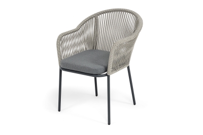 "Лион" стул плетеный из роупа, каркас из стали темно-серый (RAL7024) муар, роуп серый меланж круглый, ткань серая 017