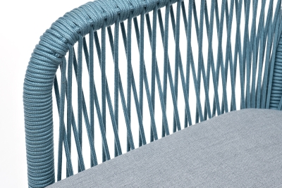 "Лион" стул плетеный из роупа, каркас из стали светло-серый (RAL7035) муар, роуп бирюзовый круглый, ткань светло-серая "Лион" стул плетеный из роупа, каркас из стали светло-серый (RAL7035) муар, роуп бирюзовый круглый, ткань светло-серая