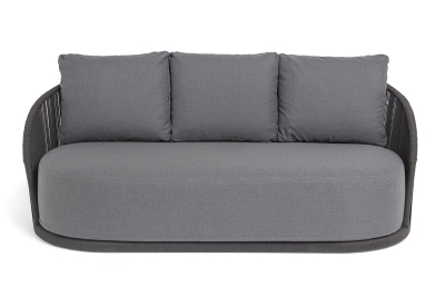 "Монтелла" диван 3-местный плетеный из роупа, каркас алюминий темно-серый (RAL7024) муар, роуп темно-серый круглый, ткань темно-серая 027