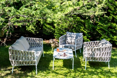 "Диего" лаунж-зона 4-местная плетеная из роупа (веревки), каркас алюминиевый белый, роуп бежевый