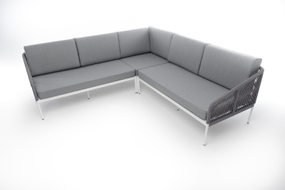 "Канны" диван модульный плетеный из роупа, каркас алюминий белый, роуп светло-серый круглый, ткань светло-серая "Канны" диван модульный плетеный из роупа, каркас алюминий белый, роуп светло-серый круглый, ткань светло-серая
