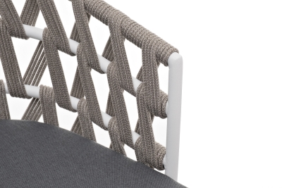 "Диего" стул плетеный из роупа, каркас из стали белый муар, роуп серый меланж круглый, ткань серая 017 "Диего" стул плетеный из роупа, каркас из стали белый муар, роуп серый меланж круглый, ткань серая 017