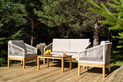 "Канны" лаунж-зона 4-местная из роупа со столиком "Канны" цвета "дуб", основание дуб, роуп бежевый