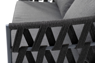 "Диего" диван 2-местный плетеный из роупа, каркас алюминий темно-серый (RAL7024) муар, роуп темно-серый круглый, ткань темно-серая 027