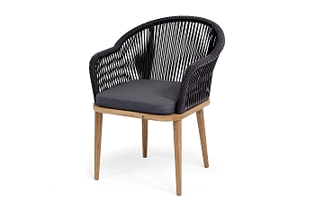 "Лион" стул плетеный из роупа, основание дуб, роуп темно-серый круглый, ткань темно-серая 027