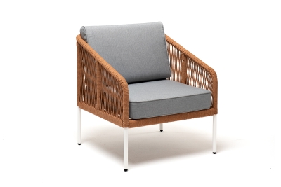 "Канны" кресло плетеное из роупа, каркас алюминий светло-серый (RAL7035) муар, роуп оранжевый меланж круглый, ткань светло-серая