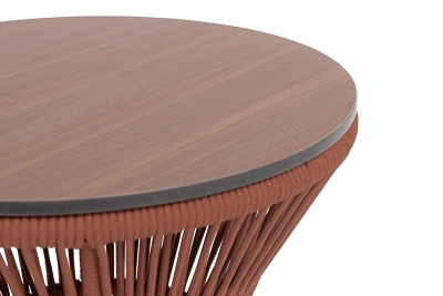 "Мадрид" журнальный стол из HPL круглый Ø50 H55, каркас из алюминия коричневый (RAL8016) муар, цвет "дуб", роуп красный (8372) круглый tex