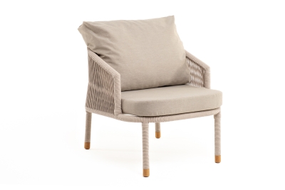 "Верона" кресло плетеное из роупа, каркас алюминий белый муар, роуп бежевый круглый, ткань бежевая 15052 высота посадки 43,5 см