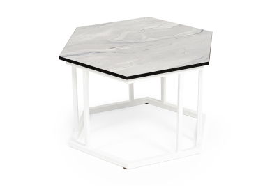 "Женева" интерьерный стол из HPL шестиугольный, D50, H35, цвет "мрамор пепел", каркас из стали белый муар