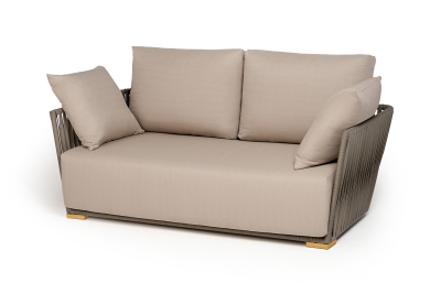 "Форли" диван 2-местный плетеный из роупа, каркас алюминий светло-серый (RAL7035) муар, роуп серо-коричневый 23мм, ткань Mossle бежевая