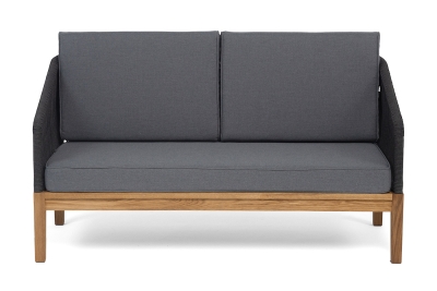 "Канны" диван 2-местный плетеный из роупа, основание дуб, роуп темно-серый круглый, ткань темно-серая 027