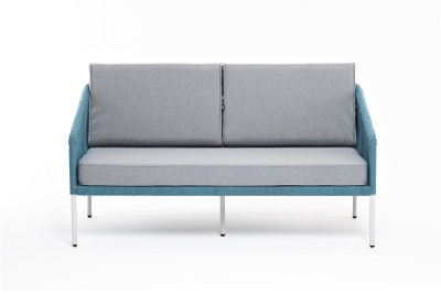 "Канны" диван 2-местный плетеный из роупа, каркас алюминий светло-серый (RAL7035) муар, роуп бирюзовый круглый, ткань светло-серая "Канны" диван 2-местный плетеный из роупа, каркас алюминий светло-серый (RAL7035) муар, роуп бирюзовый круглый, ткань светло-серая