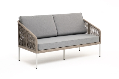 "Канны" диван 2-местный плетеный из роупа, каркас алюминий светло-серый (RAL7035) муар, роуп серый меланж круглый, ткань светло-серая "Канны" диван 2-местный плетеный из роупа, каркас алюминий светло-серый (RAL7035) муар, роуп серый меланж круглый, ткань светло-серая