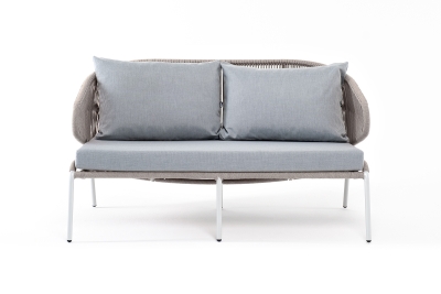 "Милан" диван 2-местный плетеный из роупа, каркас алюминий светло-серый (RAL7035) муар, роуп серый меланж круглый, ткань светло-серая "Милан" диван 2-местный плетеный из роупа, каркас алюминий светло-серый (RAL7035) муар, роуп серый меланж круглый, ткань светло-серая