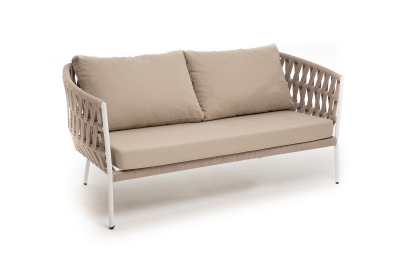 "Диего" диван 2-местный плетеный из роупа, каркас алюминий белый муар, роуп бежевый круглый, ткань бежевая 035 "Диего" диван 2-местный плетеный из роупа, каркас алюминий белый муар, роуп бежевый круглый, ткань бежевая 035