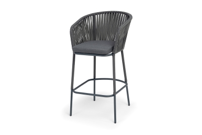 "Бордо" стул барный плетеный из роупа, каркас из стали темно-серый (RAL7024) муар, роуп серый 15мм, ткань темно-серая 027 NEW