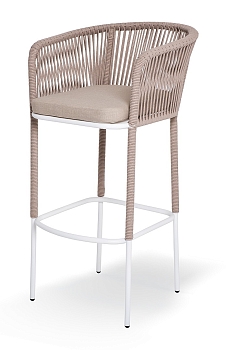 "Марсель" стул барный плетеный из роупа, каркас из стали светло-серый (RAL7035) муар, роуп бежевый круглый, ткань Mossle бежевая, пос.H65
