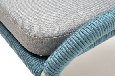 "Милан" стул плетеный из роупа, каркас алюминий светло-серый (RAL7035) муар, роуп бирюзовый круглый, ткань светло-серая "Милан" стул плетеный из роупа, каркас алюминий светло-серый (RAL7035) муар, роуп бирюзовый круглый, ткань светло-серая