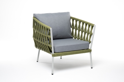 "Диего" кресло плетеное из роупа, каркас алюминий светло-серый (RAL7035) муар, роуп салатовый меланж круглый, ткань светло-серая "Диего" кресло плетеное из роупа, каркас алюминий светло-серый (RAL7035) муар, роуп салатовый меланж круглый, ткань светло-серая