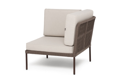 "Канны" угловой модуль плетеный из роупа, каркас алюминий коричневый (RAL8016) муар, роуп коричневый круглый, ткань бежевая 035 "Канны" угловой модуль плетеный из роупа, каркас алюминий коричневый (RAL8016) муар, роуп коричневый круглый, ткань бежевая 035