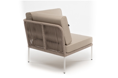 "Канны" угловой модуль плетеный из роупа, каркас алюминий белый муар, роуп бежевый круглый, ткань бежевая 15052 "Канны" угловой модуль плетеный из роупа, каркас алюминий белый муар, роуп бежевый круглый, ткань бежевая 15052