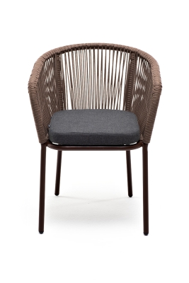 "Марсель" стул плетеный из роупа, каркас алюминий коричневый (RAL8016) муар, роуп коричневый круглый, ткань темно-серая 019