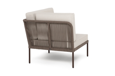 "Канны" угловой модуль плетеный из роупа, каркас алюминий коричневый (RAL8016) муар, роуп коричневый круглый, ткань бежевая 035 "Канны" угловой модуль плетеный из роупа, каркас алюминий коричневый (RAL8016) муар, роуп коричневый круглый, ткань бежевая 035