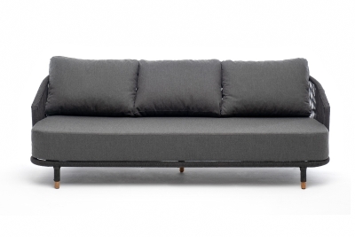 "Верона" диван 3-местный плетеный из роупа, каркас алюминий темно-серый (RAL7024) муар, роуп темно-серый круглый, ткань темно-серая 027