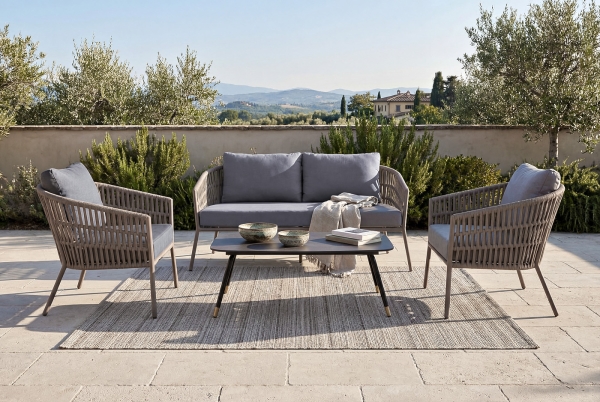 "Комо" лаунж-зона 4-местная плетеная из роупа (веревки), каркас алюминиевый бежево-серый, роуп серо-коричневый