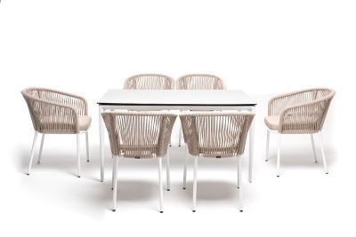 "Малага" обеденная группа на 6 персон со стульями "Марсель", каркас белый, роуп бежевый
