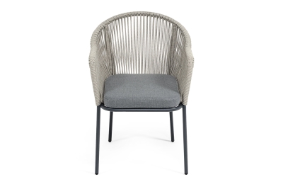 "Лион" стул плетеный из роупа, каркас из стали темно-серый (RAL7024) муар, роуп серый меланж круглый, ткань серая 017