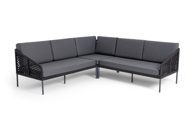 "Канны" диван модульный плетеный из роупа (узелки), каркас алюминий темно-серый (RAL7024) муар, роуп темно-серый круглый, ткань темно-серая 027