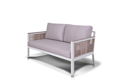 "Сан Ремо" диван 2-местный плетеный из роупа, каркас алюминий белый, роуп бежевый, ткань бежевая "Сан Ремо" диван 2-местный плетеный из роупа, каркас алюминий белый, роуп бежевый, ткань бежевая