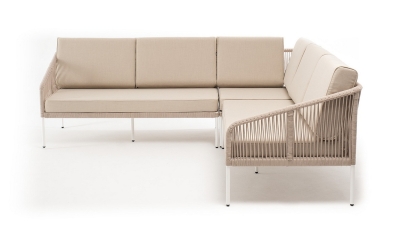 "Канны" диван модульный плетеный из роупа, каркас алюминий белый, роуп бежевый круглый, ткань бежевая 15052 "Канны" диван модульный плетеный из роупа, каркас алюминий белый, роуп бежевый круглый, ткань бежевая 15052