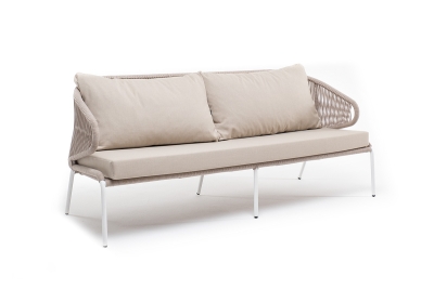"Милан" диван 3-местный плетеный из роупа, каркас алюминий белый муар, роуп бежевый круглый, ткань бежевая 052