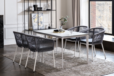 "Малага" обеденная группа на 4 персоны со стульями "Марсель", каркас белый, роуп светло-серый