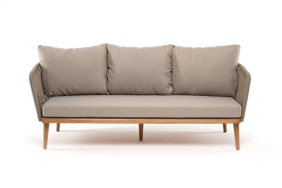 "Мальорка" диван 3-местный плетеный из роупа, основание дуб, роуп серо-коричневый 23мм, ткань бежевая 15052