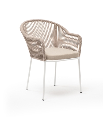 "Лион" стул плетеный из роупа, каркас из стали белый муар, роуп бежевый круглый, ткань бежевая 052