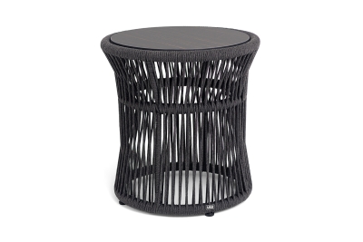 "Романо" журнальный стол из HPL круглый Ø45 H47, каркас из алюминия черный муар, цвет "черный мрамор", роуп темно серый круглый