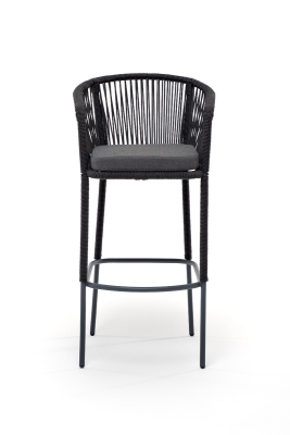 "Марсель" стул барный плетеный из роупа, каркас из стали серый (RAL7022) муар, роуп темно-серый круглый, ткань темно-серая 027