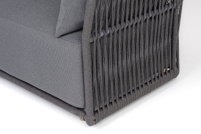 "Лугано" диван 3-местный плетеный из роупа, каркас алюминий темно-серый (RAL7024) муар, роуп темно-серый круглый, ткань темно-серая YB25-0027