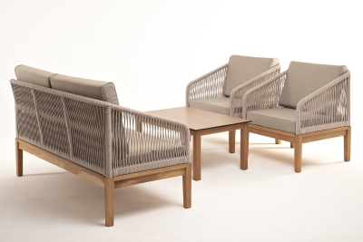 "Канны" лаунж-зона 4-местная из роупа со столиком "Канны" цвета "дуб", основание дуб, роуп бежевый