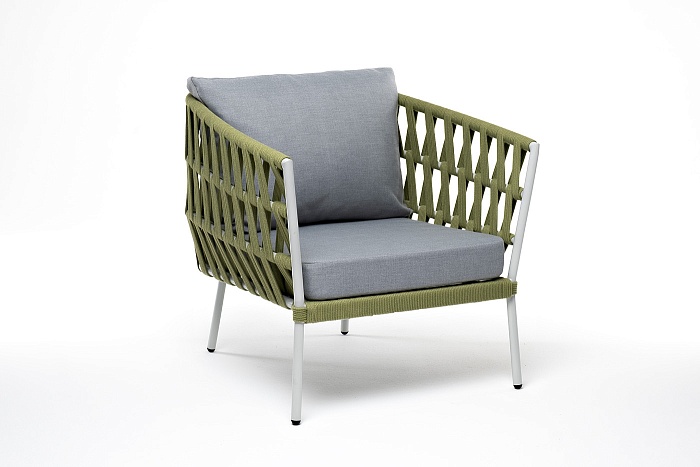 Диего кресло плетеное из роупа, каркас алюминий светло-серый (RAL7035) муар, роуп салатовый меланж круглый, ткань светло-серая - фото 3