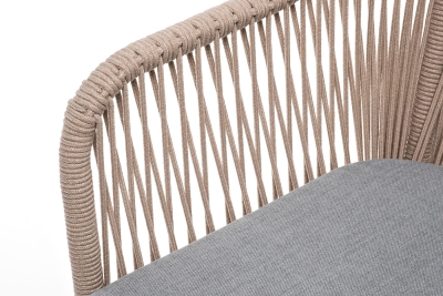 "Лион" стул плетеный из роупа, каркас из стали светло-серый (RAL7035) муар, роуп бежевый круглый, ткань светло-серая "Лион" стул плетеный из роупа, каркас из стали светло-серый (RAL7035) муар, роуп бежевый круглый, ткань светло-серая