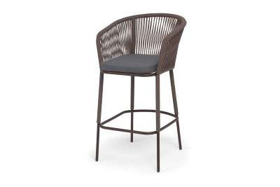 "Марсель" стул барный плетеный из роупа, каркас из стали коричневый (RAL8016) муар, роуп коричневый круглый, ткань темно-серая 027 NEW