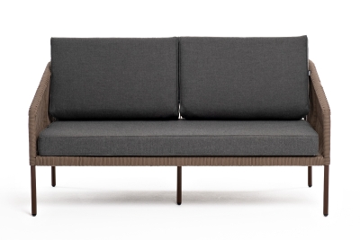 "Канны" диван 2-местный плетеный из роупа, каркас алюминий коричневый (RAL8016) муар, роуп коричневый круглый, ткань темно-серая 027 "Канны" диван 2-местный плетеный из роупа, каркас алюминий коричневый (RAL8016) муар, роуп коричневый круглый, ткань темно-серая 027