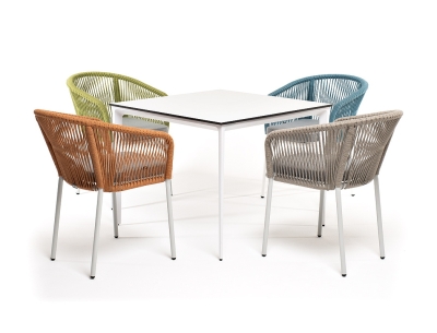 "Аркобалено" обеденная группа на 4 персоны со стульями "Марсель", каркас белый, роуп цветной "Аркобалено" обеденная группа на 4 персоны со стульями "Марсель", каркас белый, роуп цветной