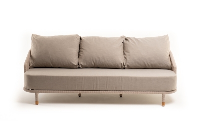 "Верона" диван 3-местный плетеный из роупа, каркас алюминий белый муар, роуп бежевый круглый, ткань бежевая 15052