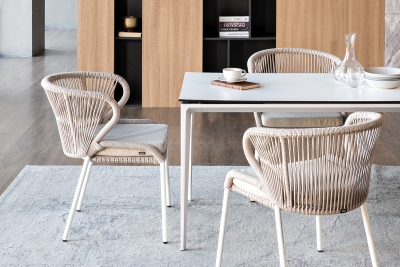 "Малага" обеденная группа на 4 персоны со стульями "Милан", каркас белый, роуп бежевый "Малага" обеденная группа на 4 персоны со стульями "Милан", каркас белый, роуп бежевый